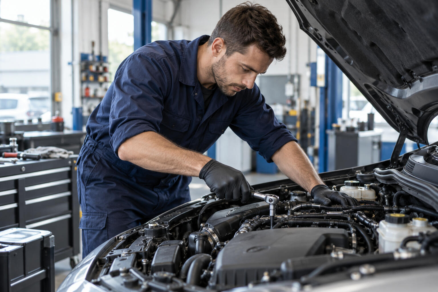 AI-generated mechanic illustration AI-generated illustrative mechanic working carefully in a vehicle engine bay.